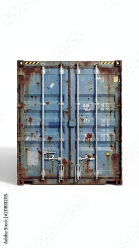 A weathered blue shipping container doors with rust and wear isolated on a pure white background