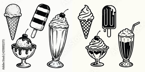 Ice cream and frozen dessert vector illustrations set with cones popsicles sundaes and milkshakes in vintage sketch style