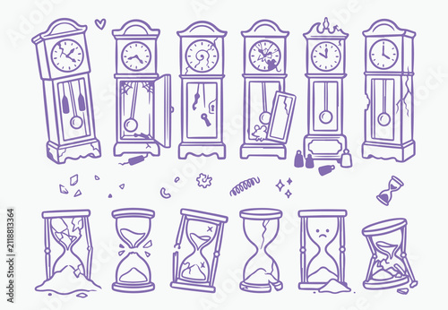 Bild auf Leinwand Set of vintage grandfather clocks and hourglasses with broken glass and sand hou
