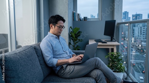 Asian businessman working on laptop at home, professional male freelancer using computer on sofa, remote work in modern city apartment