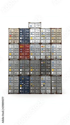 Stacked Cargo Shipping Containers in a Port Terminal Isolated on a Pure White Background for Logistics and Trade