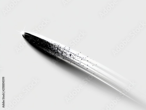 Black shooting star with long elegant glowing trail across white background, abstract vector illustration, minimal cosmic design, clean modern astronomy style. 