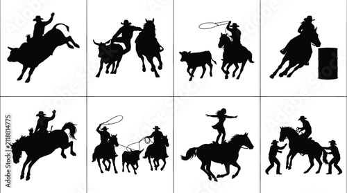 Konstfotografi Rodeo silhouette collection featuring bull riding, bronc riding, lasso throwing,
