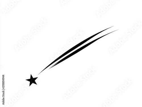 Black shooting star with long elegant glowing trail across white background, abstract vector illustration, minimal cosmic design, clean modern astronomy style. 