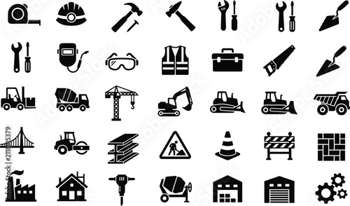 Cuadro en lienzo Set of construction and industrial tools vector icons, building and architecture