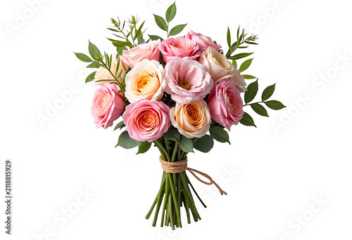 Delicate bouquet of light pink and cream roses with green leaves tied with twine on white background.