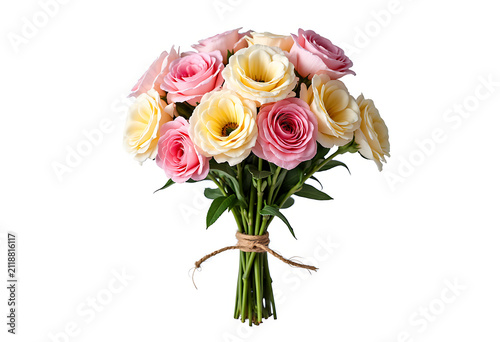 Beautiful bouquet of pink and yellow roses tied with twine on a white background, isolated studio shot.