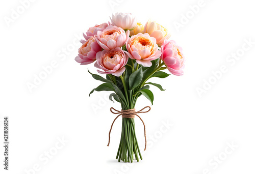 Bouquet of pink and peach roses with green leaves tied with twine, beautiful floral arrangement for special occasion, wedding, anniversary, valentines day.
