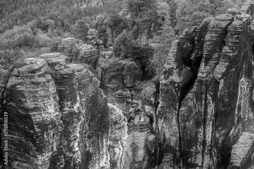 Fotografie Aerial view of Bastei Bridge and sandstone rock formations in Saxon Switzerland