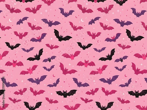 Seamless pink halloween pattern featuring cute cartoon bats and starry sky elements background.