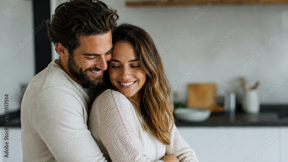 Fototapeta premium A happy couple embraces warmly in a modern kitchen, sharing a joyful and intimate moment together.