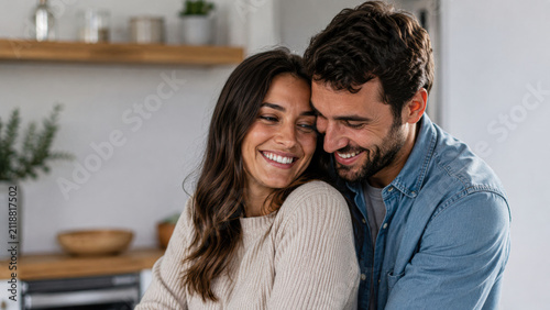 A happy couple embraces warmly in a cozy kitchen, sharing a joyful moment together.