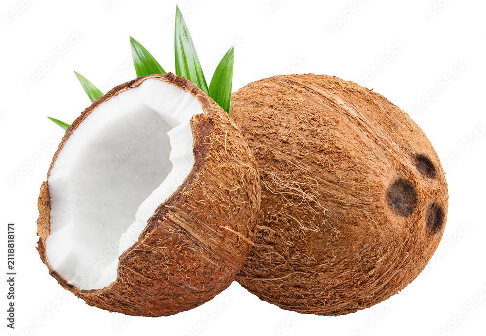 Obraz premium Whole and halved coconuts with green leaves, isolated on transparent cutout background