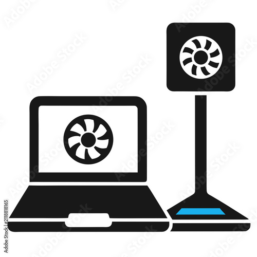 Laptop and cooling fan icon set representing computer hardware maintenance thermal management and system performance optimization tools.