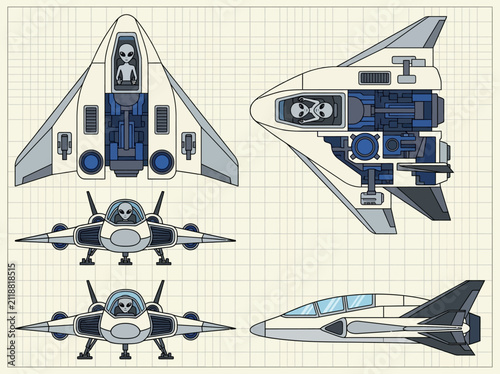 Cuadro en lienzo Futuristic Alien Spaceship Blueprint, Sci-Fi Starfighter Technical Schematic wit