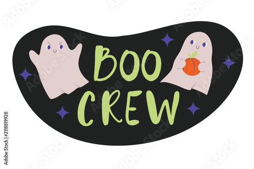 Cute hand-drawn Halloween sticker with spooky ghosts and lettering Boo Crew. Isolated flat vector illustration for seasonal designs.