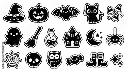 Fotografie Cute Halloween character sticker clip art with witch hat pumpkin bat black cat a