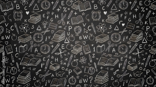 Seamless school doodles pattern on chalkboard. Hand drawn education icons on black background.