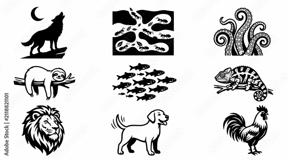 Obraz premium Vector Icon Sheet of Animals: Wolf Howling at Moon, Sloth on Branch, Lion Head, Fish School, Dog, Rooster, Ants, Chameleon, Octopus Tentacles