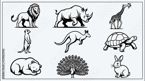 Photography Vector Icon Sheet of Diverse Animals: Lion, Rhinoceros, Giraffe, Meerkat, Kangar