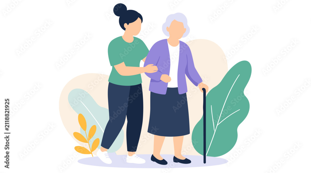 Fototapeta premium Elderly Woman Assisted by Caregiver Walking.