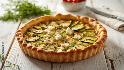 Zucchini and feta tart on light wood surface.