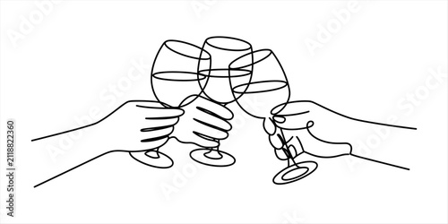 Three hands holding wine glasses for a toast in a continuous single line drawing style representing a celebration of friendship and happy social gathering
