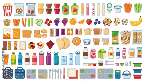 An organized illustration showcases a diverse collection of lunchbox food items and snacks, including fruits, vegetables, drinks, and various packaged goods, presented on a clean white background.
