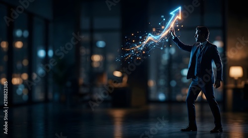 Futuristic business growth arrow, businessman touching glowing financial chart, corporate success concept