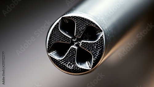 Extreme close-up of a cross-head screwdriver tip showing precise cruciform design and metallic texture.