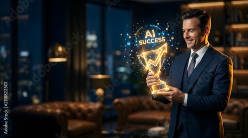 AI Success concept with businessman holding glowing trophy, artificial intelligence growth in business