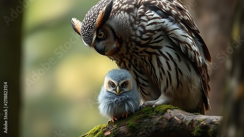 Adult owl looking down at a fluffy owlet below, both perched on a mossy branch.