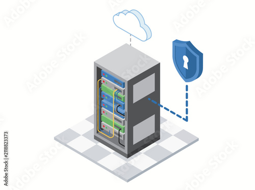 Protected Cloud Server with Security Shield Isometric Vector Illustration