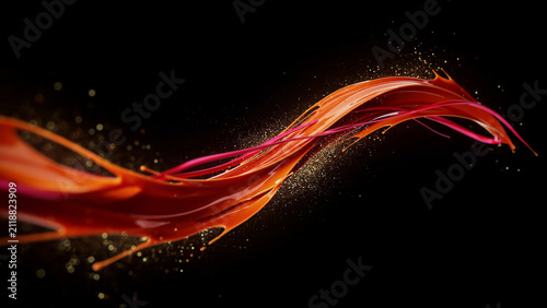 Abstract fluid wave of vibrant red and orange paint splashing on black background