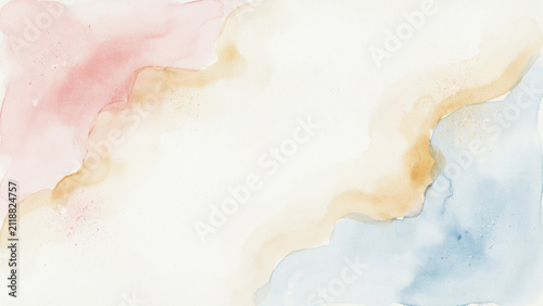 Abstract watercolor background with pastel pink blue and gold washes on white paper texture