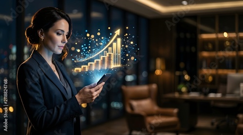 Business growth concept with successful woman using smartphone, glowing financial chart with upward arrow, professional corporate office background