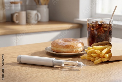 weight loss medication or injectable pen placed near junk food, fast food and sweets, concept of obesity treatment, appetite control, unhealthy eating habits and medical weight management
