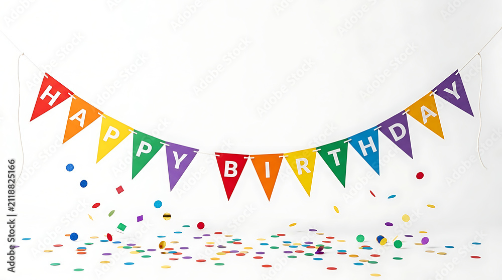 Obraz premium Happy Birthday bunting banner with confetti. Colorful party flags for celebration decor.
