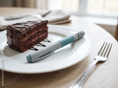 weight loss medication or injectable pen placed near junk food, fast food and sweets, concept of obesity treatment, appetite control, unhealthy eating habits and medical weight management