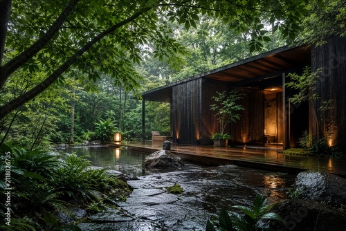Luxury Forest Wellness Retreat with Charred Cedar Architecture After Rain