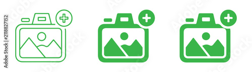 Fotografie Set of green camera icons with plus sign added for website image galleries and application menus