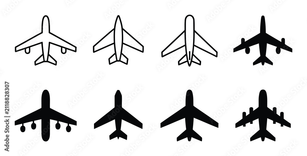 Fototapeta premium Conjunto de aviones y siluetas en blanco y negro