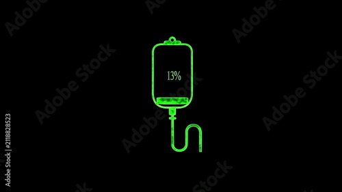 Medical iv drip bag loading animation with percentage counter, green neon digital interface for healthcare and hospital technology concepts