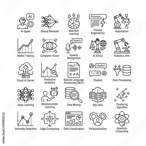 Artificial Intelligence Icons for Machine Learning, Neural Networks, NLP, Robotics, Data Science and Analytics
