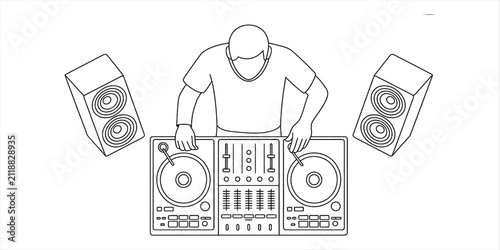 A male dj playing music on a professional mixing console and sound speakers in a club or party setting as a simple black and white line art drawing
