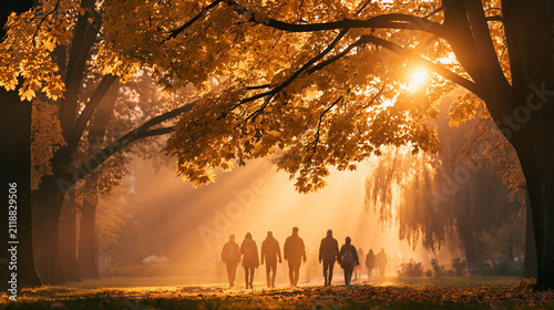 A group of people strolls along a sunlit park path during autumn surrounded by golden foliage and warm atmospheric light filtering through the trees