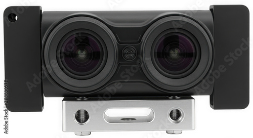 Modern black portable wireless speaker with a silver metal base isolated on transparent background
