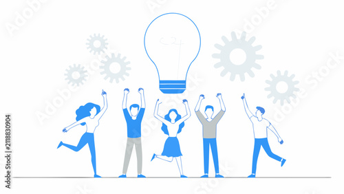 Obraz na płótnie People Celebrating With Gears And Lightbulb Vector Illustration