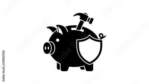Piggy Bank with Shield and Hammer Icon for Financial Security and Savings Protection