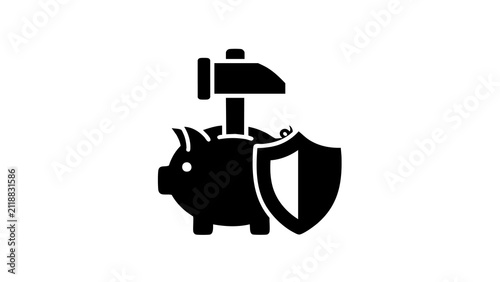 Piggy Bank Security Icon with Shield and Hammer for Financial Protection Concept